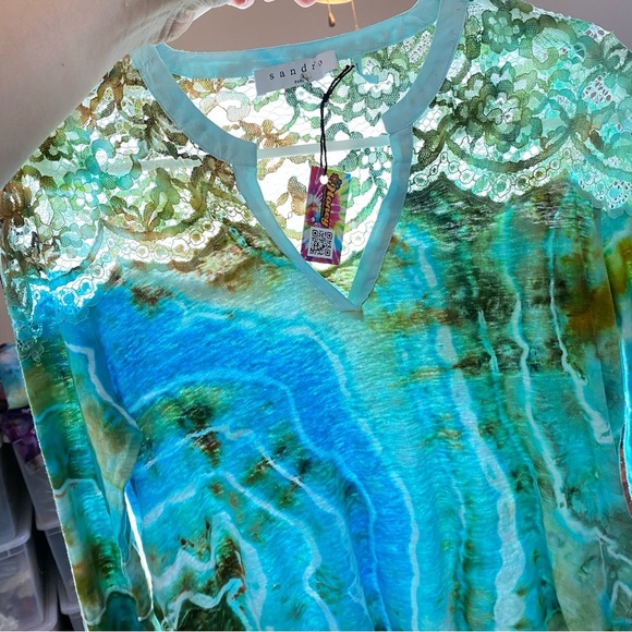 Sandro Tie Dye Shirt Womens Size Small 1 Tee Top Blouse Blue Linen Lace Paris - Picture 9 of 15